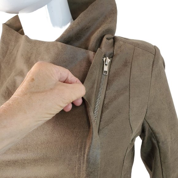 Malibu Sky Microfiber Jacket Top Brown Faux Leather Asymmetrical Zip Women Small - Picture 2 of 12
